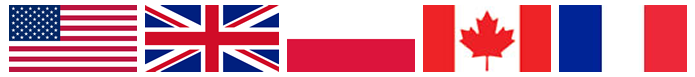 Flags of USA, UK, POLAND, CANADA, and FRANCE